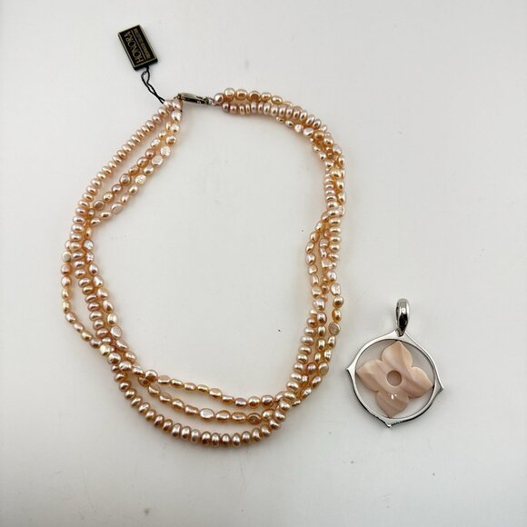 Honora Pearl Necklace Floral Flower Sterling Silver Pink Pendant Triple Strand - Picture 3 of 16